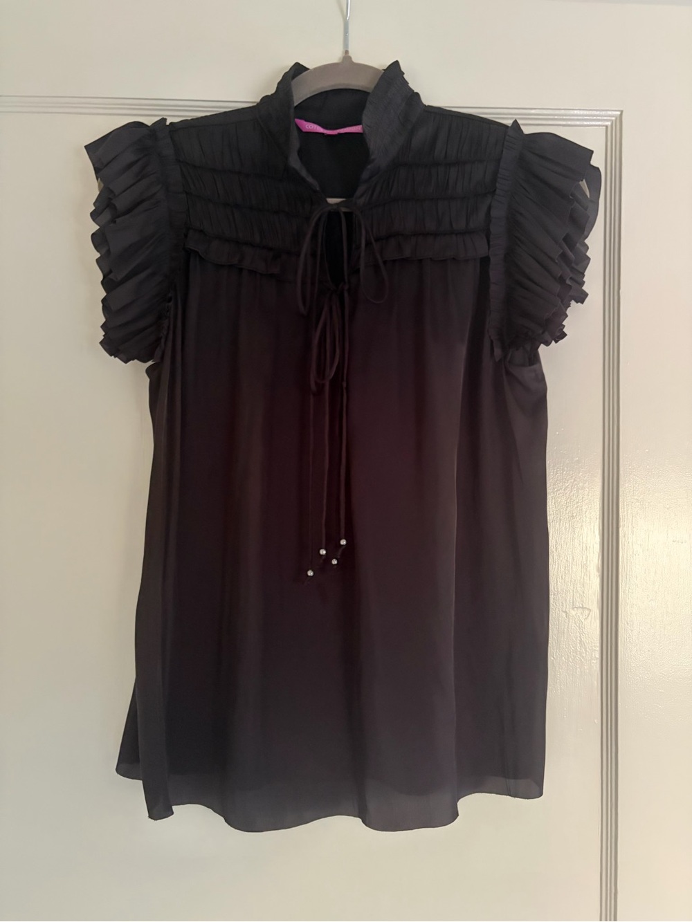 Cotes of London Black Ruffle Sleeve Tie-Neck Women's Top